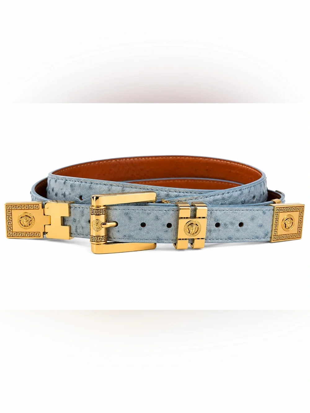 El General Belt Company Blue Genuine Ostrich Leather Gold Medusa Hardware Belt